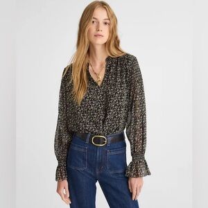 Madewell Black Floral Long Sleeve Blouse Size Medium Ruffle Cuff